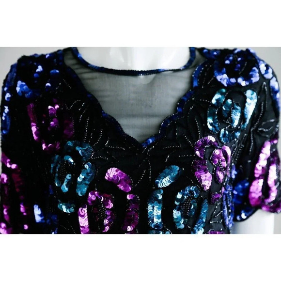 Vintage Leslie Fay Evening Silk Sequin Beaded Teal Pink  Sparkly Top S - Picture 5 of 7